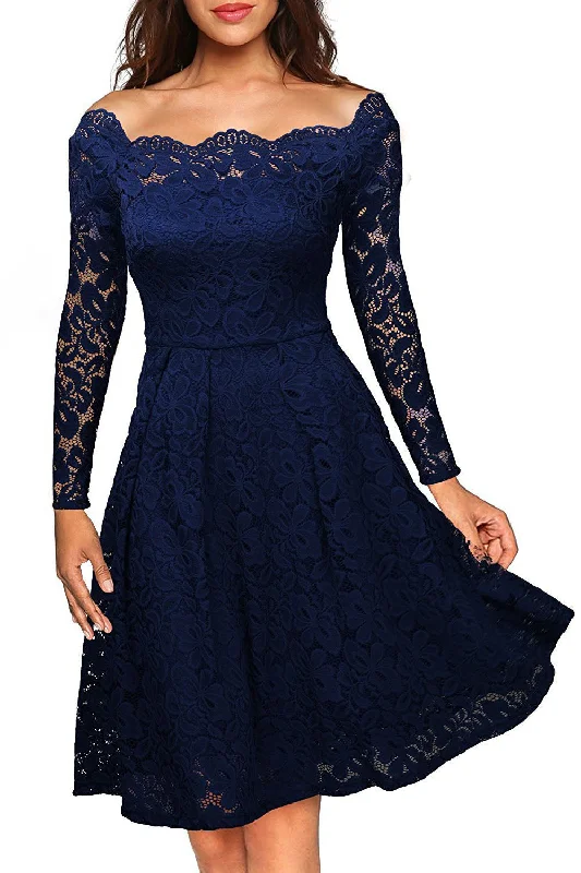 Best Deals Off Shoulder Long Sleeves Lace Party Dress