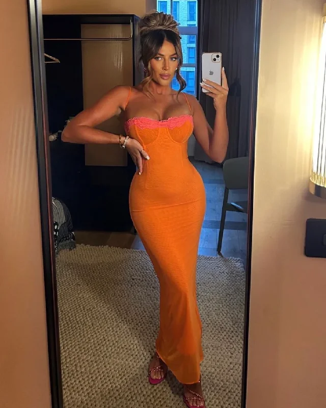 Weekend Special Sexy Orange Spaghetti Straps Lace Mermaid Long Party Dress, DP2200