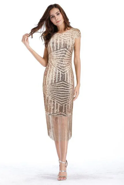 Deep Discounts V-Back Sequins Gold Tea Length Party Dress