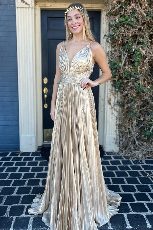 Fantastic Deals Champagne V Neck Spaghetti Straps A-Line Formal Party Dress, DP2033