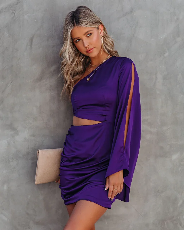 Weekend Deal KittenAlarm - Caydan Satin One Shoulder Cutout Dress - Plum - FINAL SALE