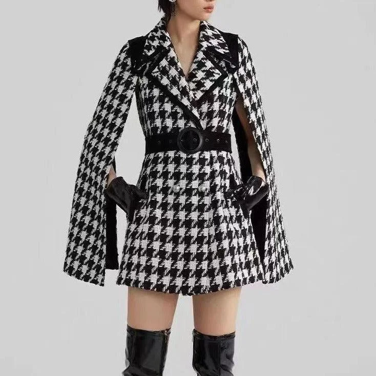 Deal of the Day KittenAlarm - Tess Allover Houndstooth Slit Sleeves Mini Dress