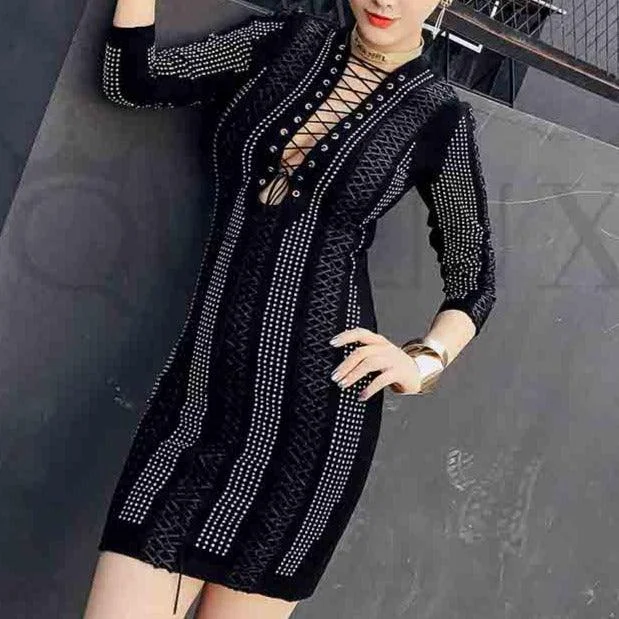 Members Only KittenAlarm - Tanaya Knit Front Lace Up Mini Dress