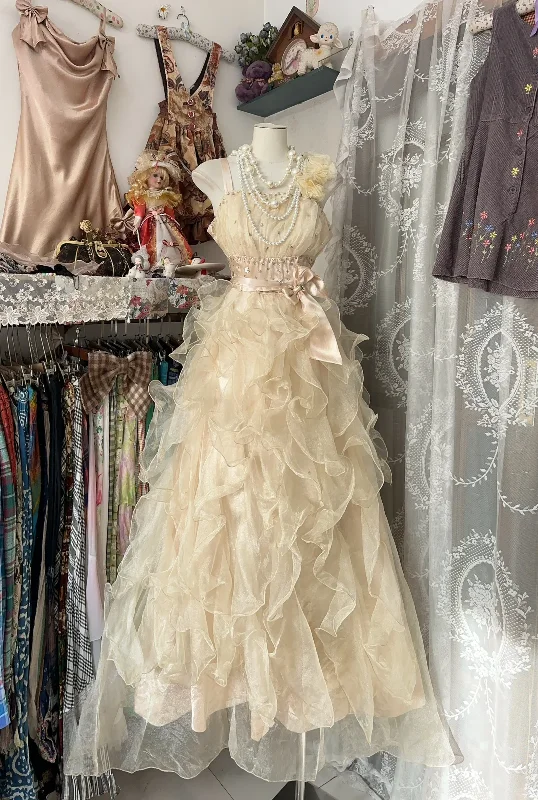 Exclusive Online Offer Champagne Straps A-Line Beading Organza Vintage Long Party Dress, DP4460