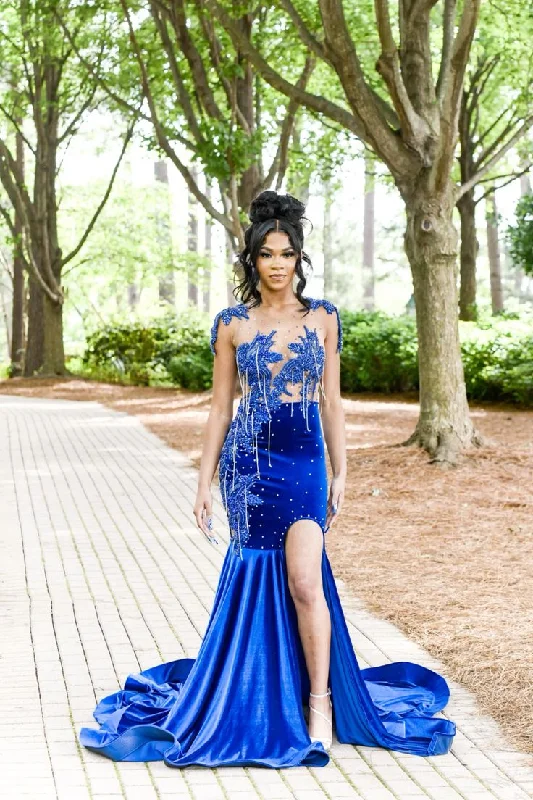 Steals and Deals Royal Blue Velvet Appliques Beading Mermaid Long Prom Dress, DP2105
