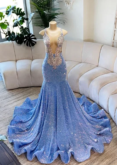 Limited Time Offer Blue Sequin Mermaid Beading Long Prom Dress, DP2098