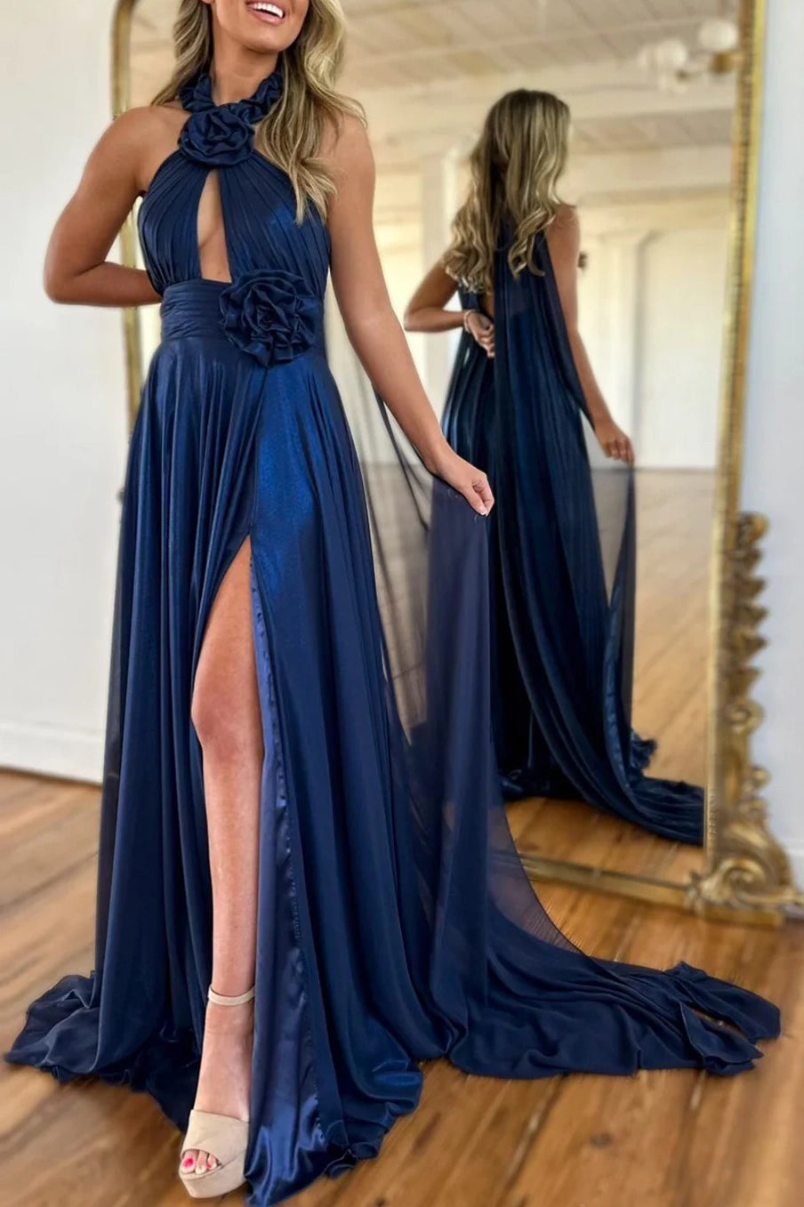 Deal Zone High Neck Sleeveless A-Line Party Prom Dress With Slit