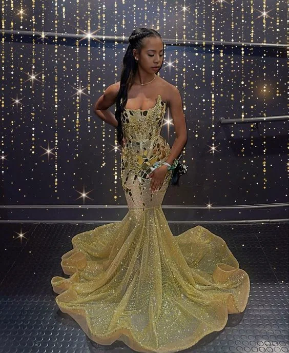 Fantastic Offers Yellow Strapless Beading Mirror Mermaid Black Girl Evening Dress, DP2115