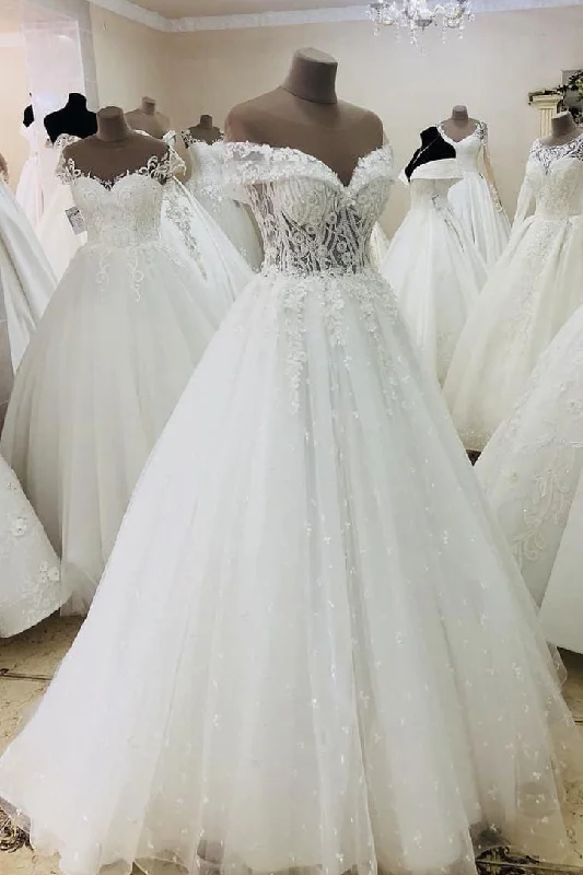 Warehouse Sale Off the Shoulder See-Through Wedding Dress with Tie Back
