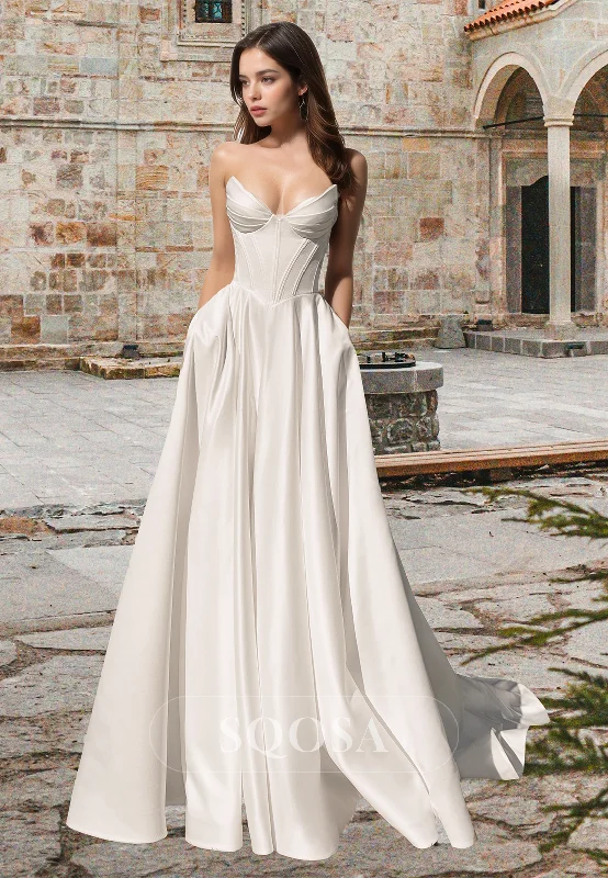 Lowest Prices Simple Off-Shoulder V-Neck Sleeveless Pleated Satin A-Line Wedding Dress with Sweep Train