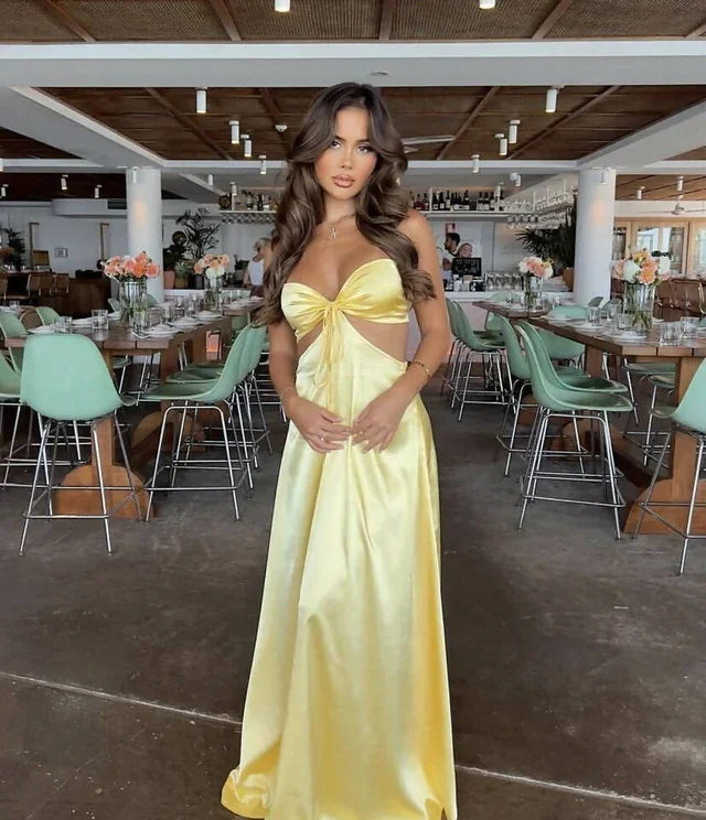 Closeout Sale Yellow Strapless A-Line Satin Simple Long Party Dress Wedding Guest Dress, DP4533 Closeout Sale Yellow Strapless A-Line Satin Simple Long Party Dress Wedding Guest Dress, DP4533