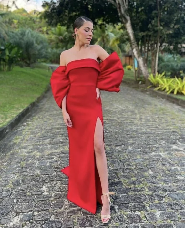 Today Only Red Off Shoulder Elegant Long Party Dress with Slit, DP2097