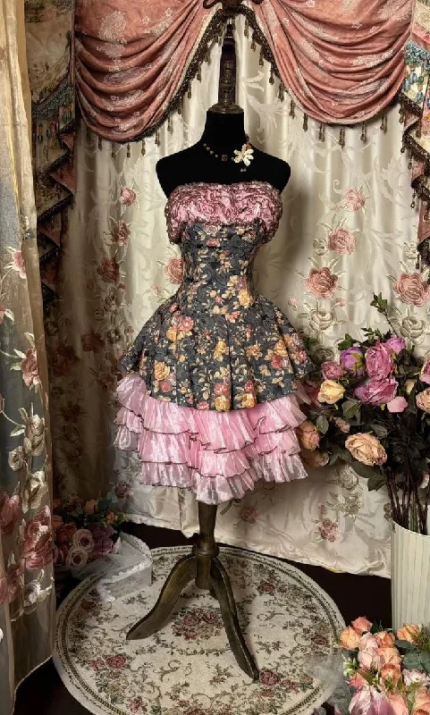 Year-End Sale Retro Strapless A-Line Layers Midi Vintage Cocktail Dress Evening Gown, DP4510