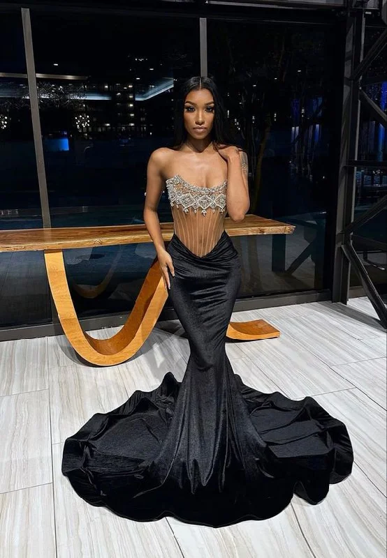 Unbeatable Prices Black Strapless Mermaid Beading Black Girl Long Prom Dress, DP2101