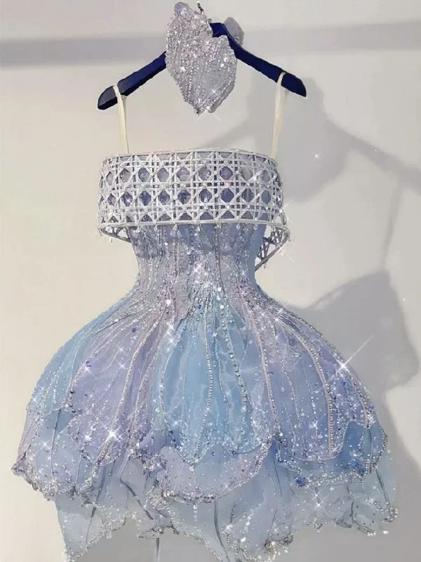 Value Deals Gorgeous Blue Strapless A-Line Beading Mini Birthday Outfits Homecoming Dress, DP4529