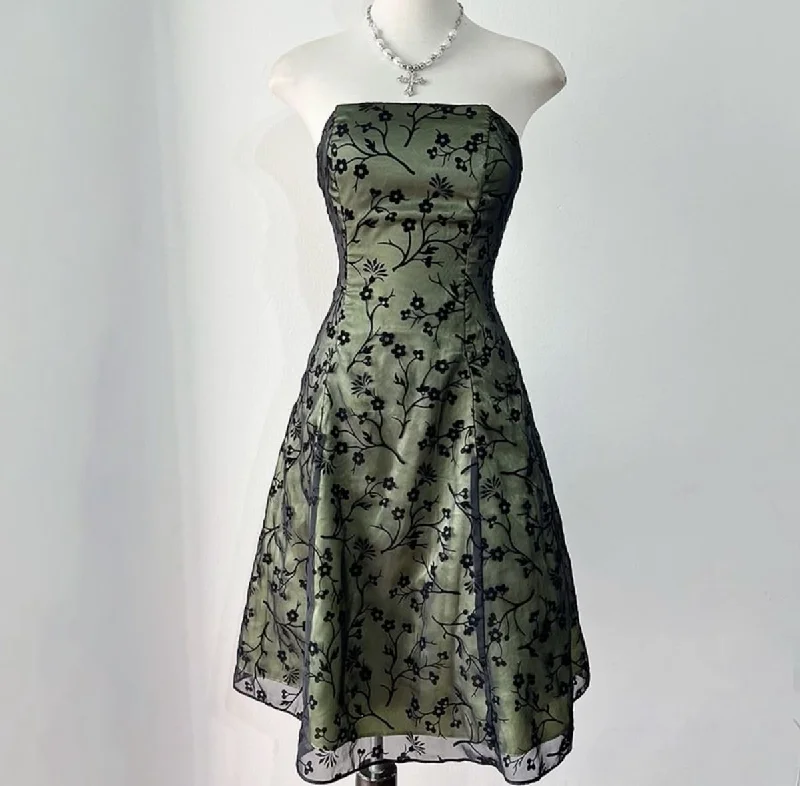Year-End Clearance Green Strapless A-Line Tulle Short Party Dress Vintage Homecoming Dress, DP4528