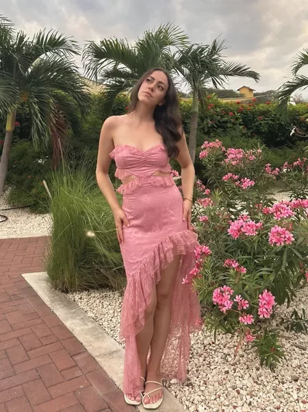 Reduced Prices Pink Strapless Cut Out Lace High-Low Sweet Party Dress, DP2207