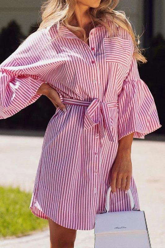 Great Bargains WOMEN PUFF SLEEVE STRIPE PINK SHIRTS DRESS