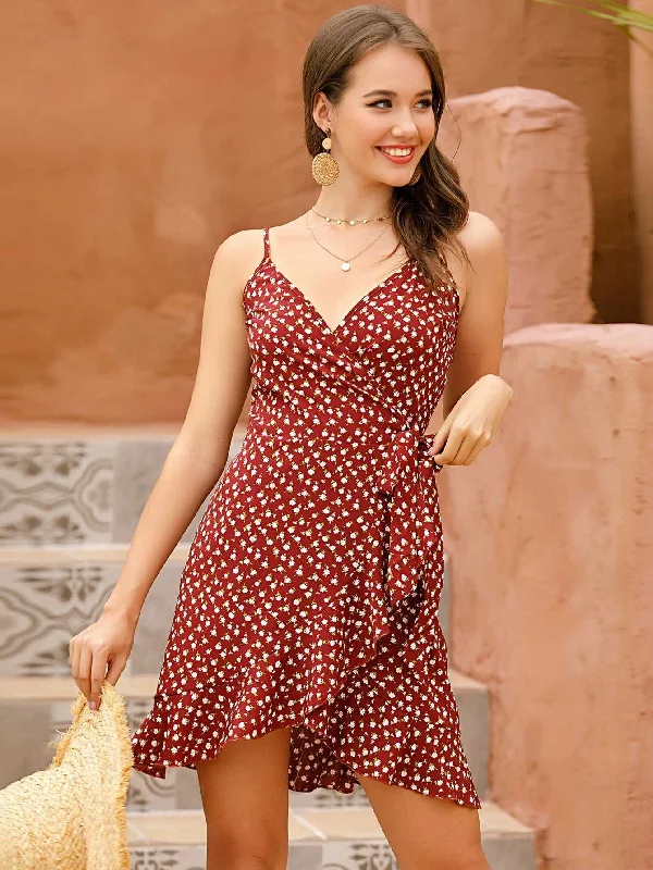 Limited Quantity KittenAlarm - Ditsy Floral Print ruffled hem Knot Side Wrap A-line Cami Dress Polka