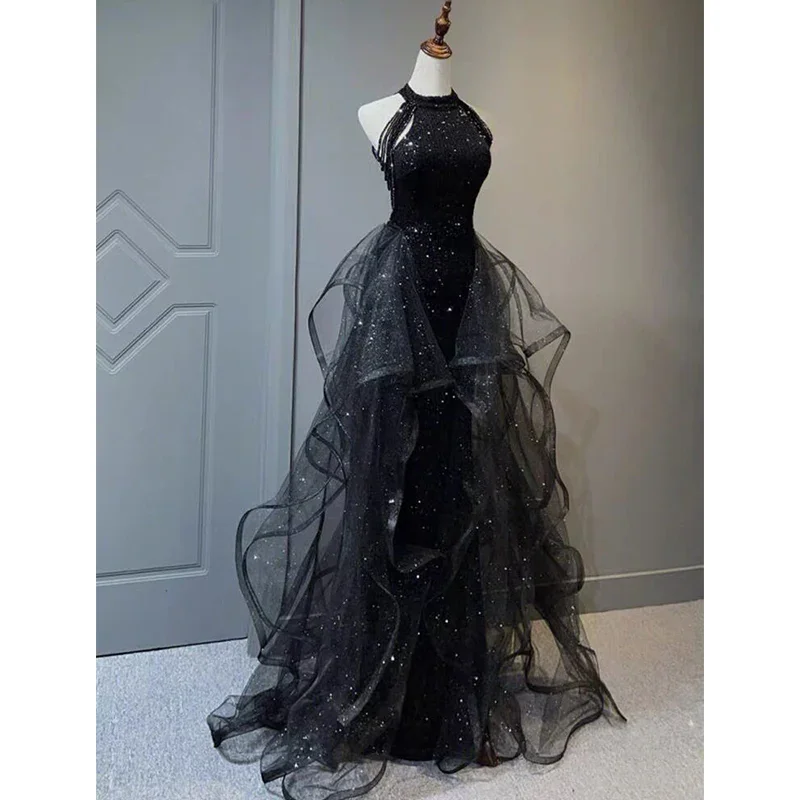 Online Exclusive Shiny Black Halter Tulle Long Party Dress Evening Gown, DP2081
