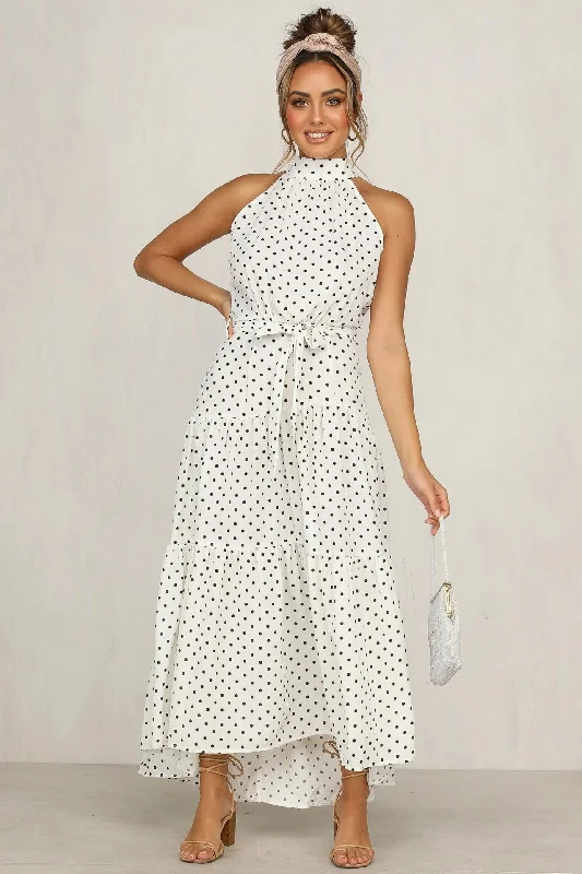 Price Rollback High Neck Polka Dot Long White Summer Dress
