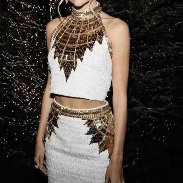 Year-End Sale KittenAlarm - Anna Sleeveless Mock Neck Golden Sequin Knitted Mini Dress