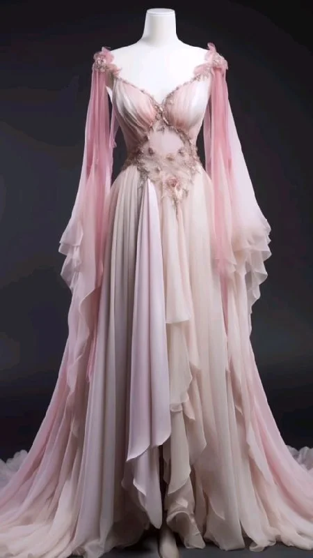 Overstock Sale Gorgeous Pink A-Line Ruffles Chiffon Retro Long Formal Evening Party Dress, DP4446