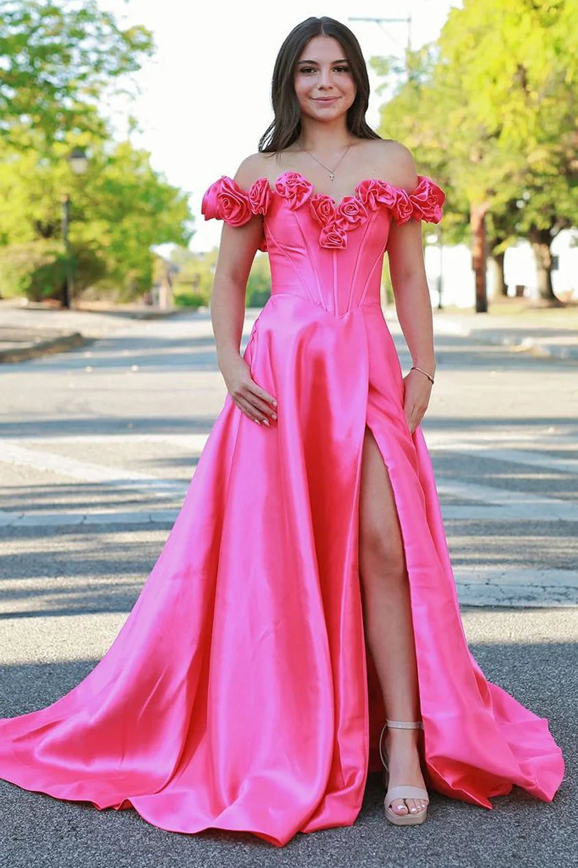 Year-End Sale Floral Off-Shoulder Satin A-Line Long Prom Dress With Side Slit