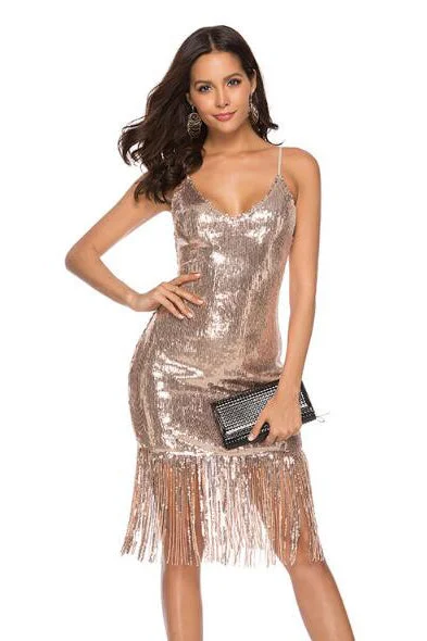 Epic Deals V-Back Tassel Sequins Champagne Party Dress