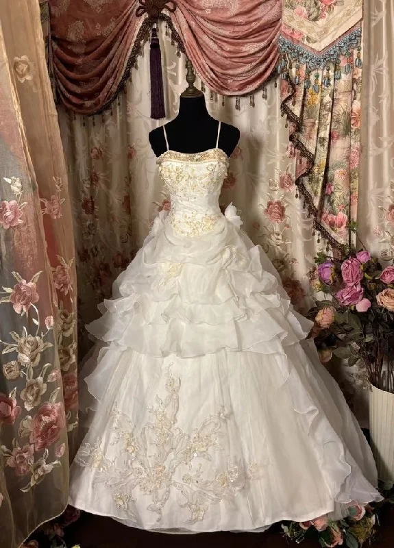 Seasonal Sale Vintage Spaghetti Straps A-Line Retro Wedding Dress Prom Dress Evening Gown, DP4513