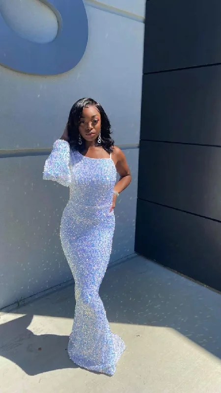 Shop and Save Glitter White One Shoulder Sequins Black Girl Mermaid Long Party Dress, DP2106