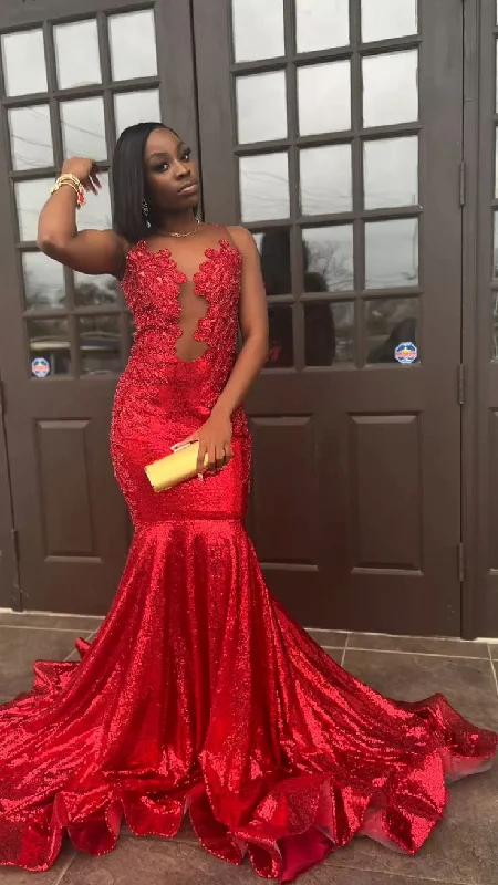 Online Only Red Mermaid Appliques Black Girl Long Prom Dress, DP2109