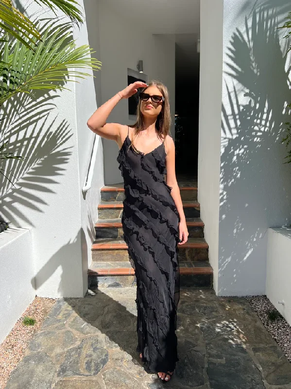 Blowout Sale Black Spaghetti Straps Ruffles Long Party Dress with Slit, DP2187