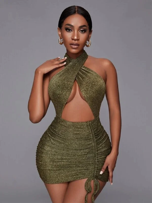 Inventory Reduction KittenAlarm - Cut Out Drawstring Side Backless Knot Glitter Bodycon Dress Inventory Reduction KittenAlarm - Cut Out Drawstring Side Backless Knot Glitter Bodycon Dress