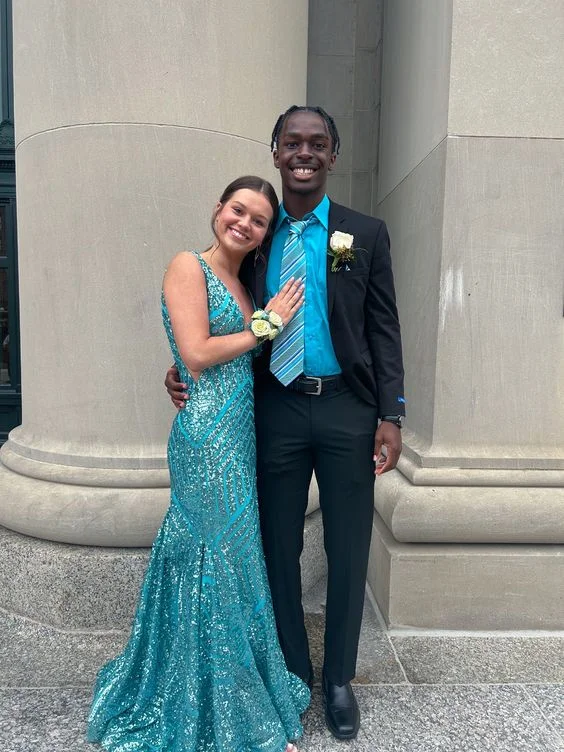 Super Deal Peacock Blue Elegant V Neck Sequins Mermaid Long Prom Dress, DP2104