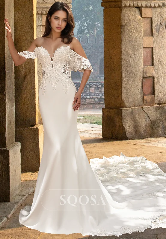 Super Deal Sweetheart Off-Shoulder Sleeveless Satin Mermaid Wedding Dress Beaded Lace Applique Bride Gowns with Train Super Deal Sweetheart Off-Shoulder Sleeveless Satin Mermaid Wedding Dress Beaded Lace Applique Bride Gowns with Train
