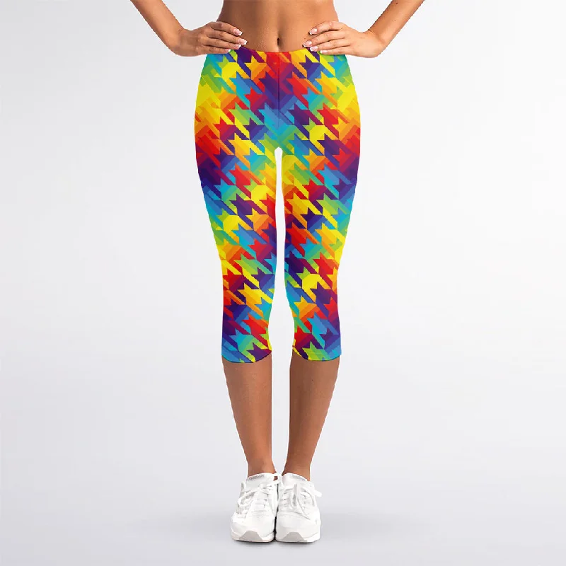 Lowest Price Rainbow Houndstooth Pattern Print Women's Capri Leggings