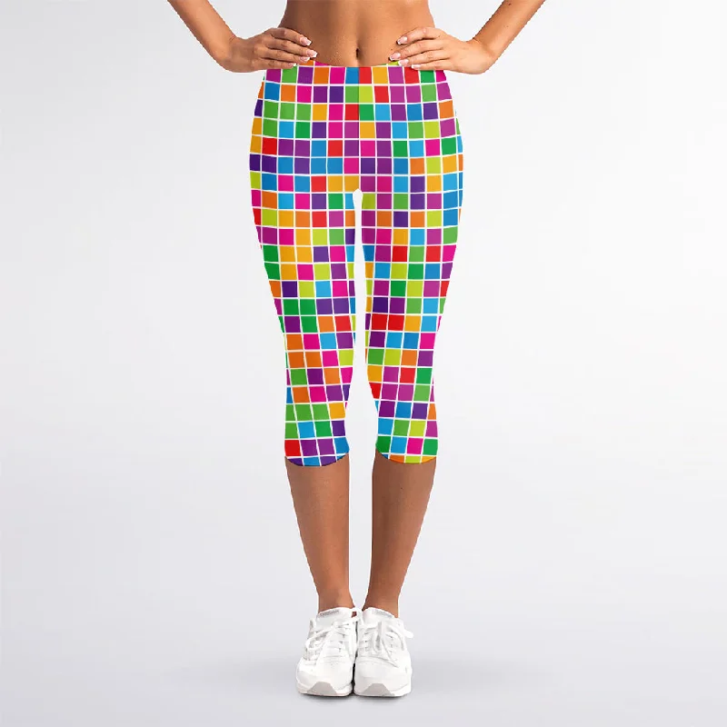 Special Buy Rainbow Squares Pattern Print Women's Capri Leggings