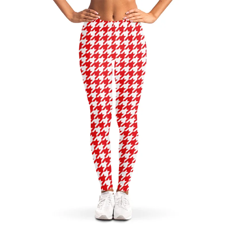 New Markdowns Red And White Houndstooth Pattern Print Women's Leggings
