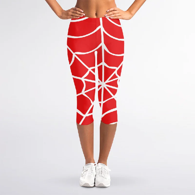 Instant Savings Red And White Spider Web Pattern Print Women's Capri Leggings