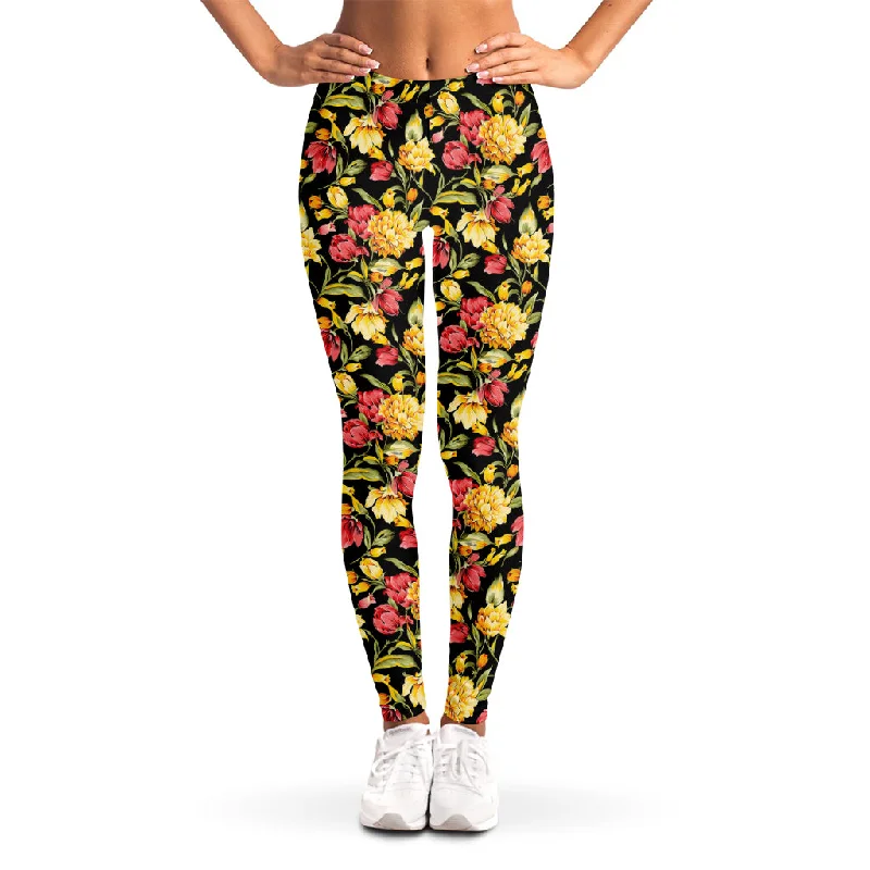 Savings Bonanza Red And Yellow Flowers Print Women's Leggings