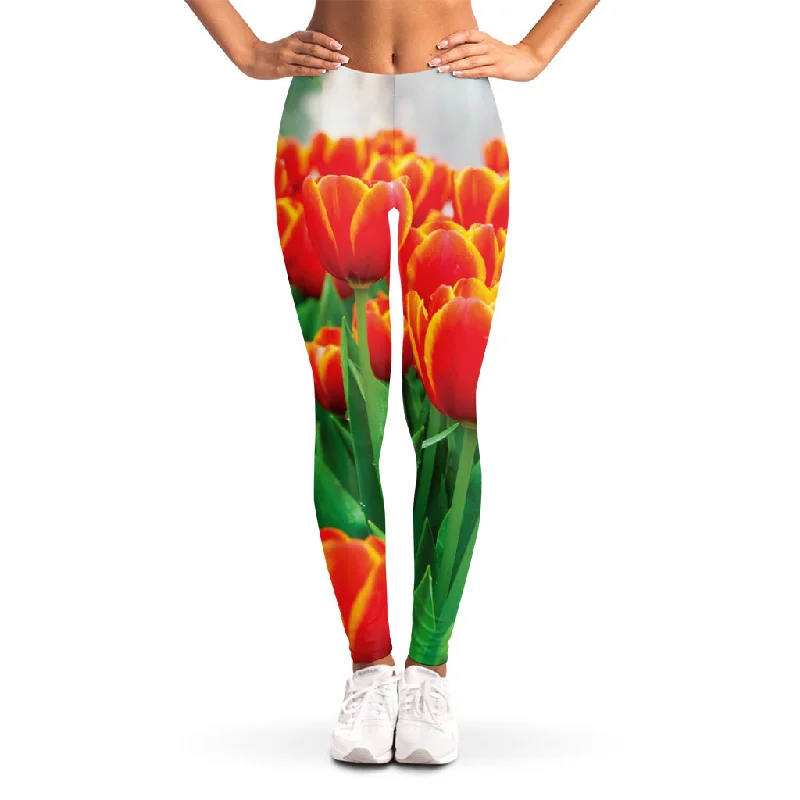 Overstock Sale Red And Yellow Tulip Print Women's Leggings