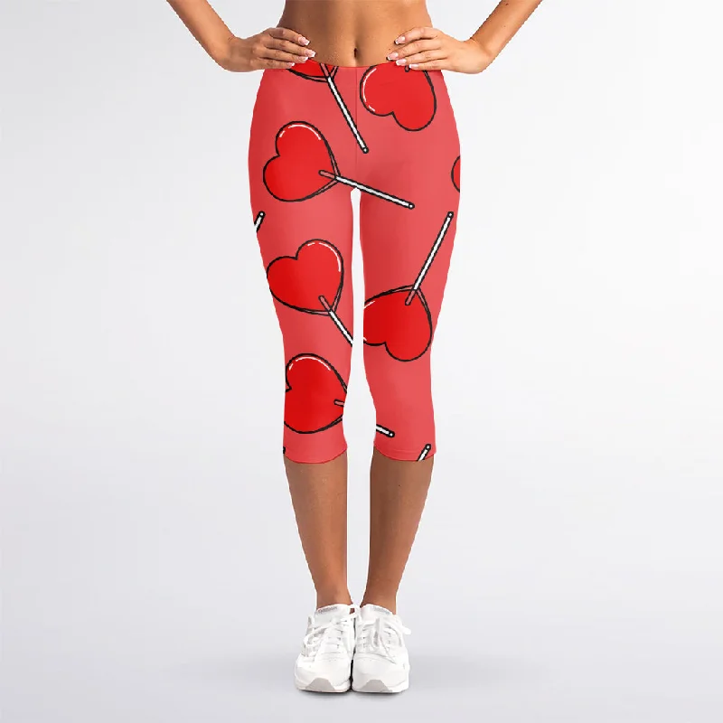 Early Access Red Heart Lollipop Pattern Print Women's Capri Leggings