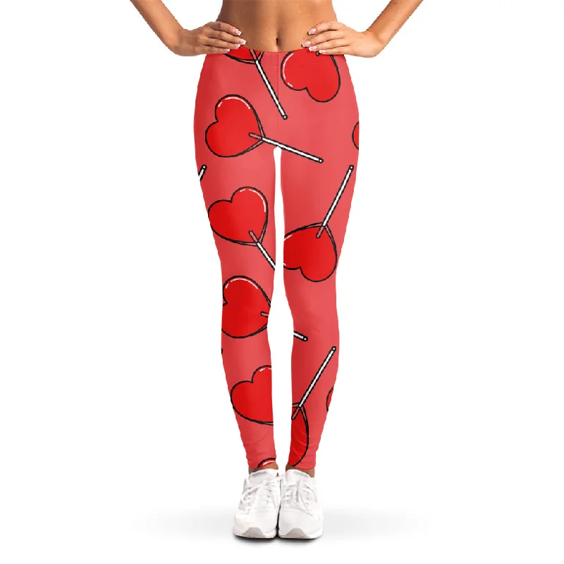 Final Sale Red Heart Lollipop Pattern Print Women's Leggings