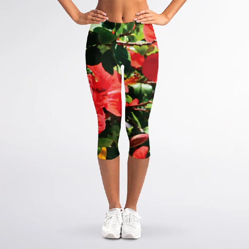 Closeout Red Hibiscus Flowers Print Women's Capri Leggings