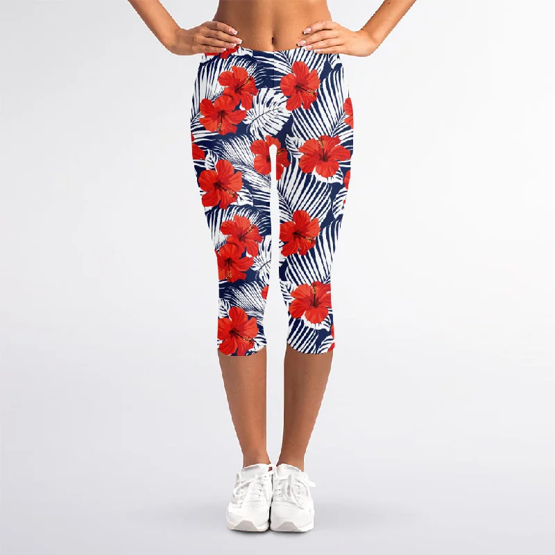 Buy Now Red Hibiscus Tropical Pattern Print Women's Capri Leggings