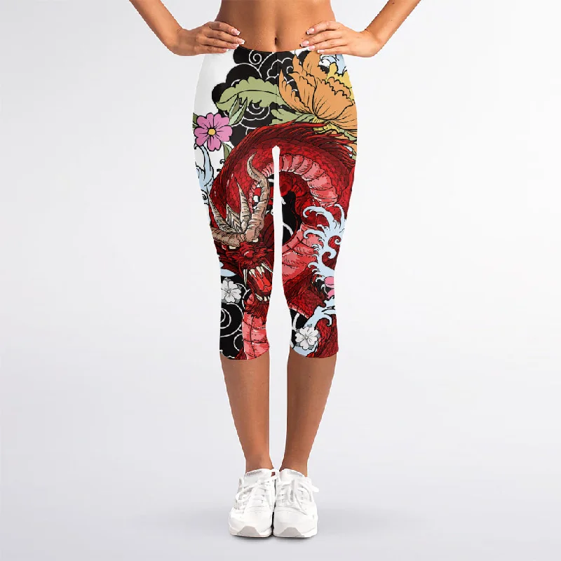 Deal Mania Red Japanese Dragon Tattoo Print Women's Capri Leggings