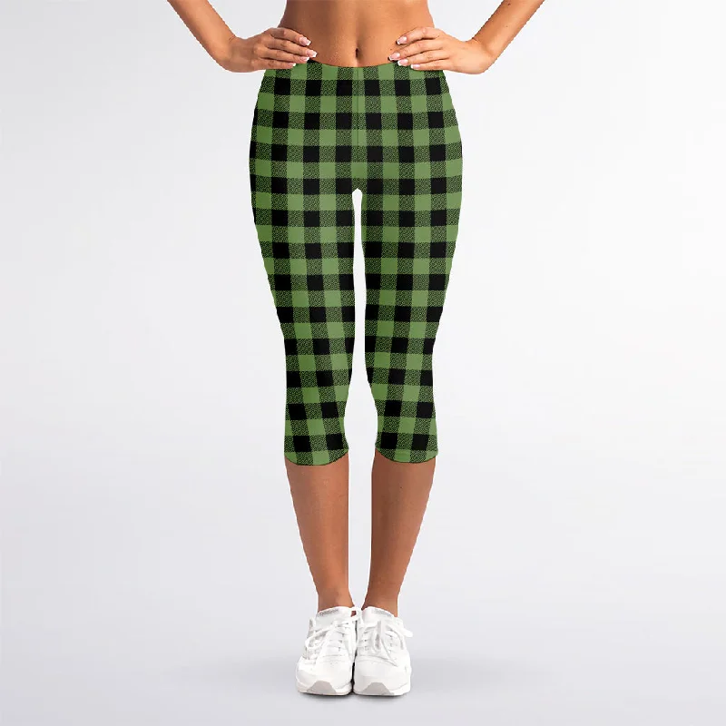 Time-Limited Offer Sage Green Buffalo Check Pattern Print Women's Capri Leggings
