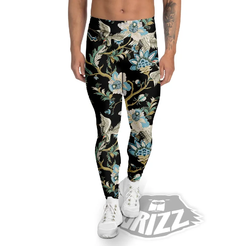Buy More, Save More White Cranes Japanese Black Print Pattern Men's Leggings