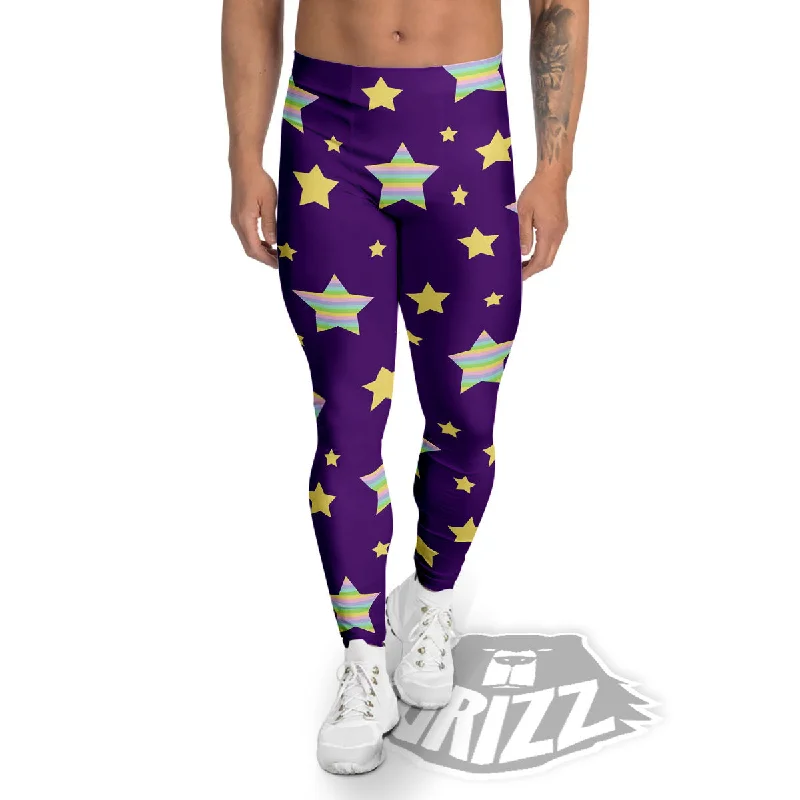 Crazy Deals Yellow Stars Purple Print Pattern Men's Leggings